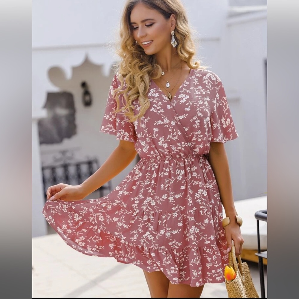 NWOT, pink floral surplice front dress.
